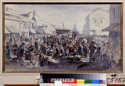 O mercado de pulgas em Moscou (Rússia) (o mercado de segunda mão em Moscou). Cena de rua, com personagens em roupas manchadas e remendadas, alguns estão comendo em mesas em frente a um quartel, outros estão olhando as mercadorias em oferta, ainda outros es de Vladimir Yegorovich Makovski