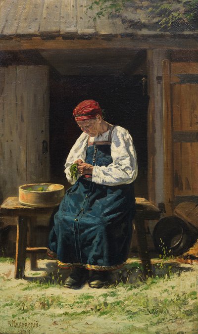 A esposa do fazendeiro no trabalho, 1874. de Vladimir Yegorovich Makovsky