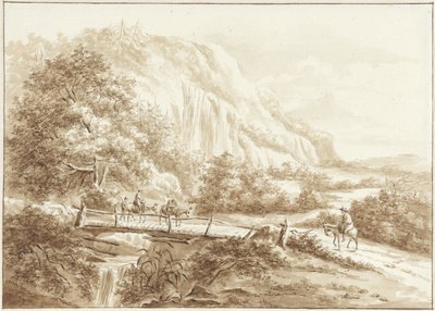 Paisagem de montanha com viajantes em burros, atravessando uma ponte de madeira de W.C.E. Roelofs