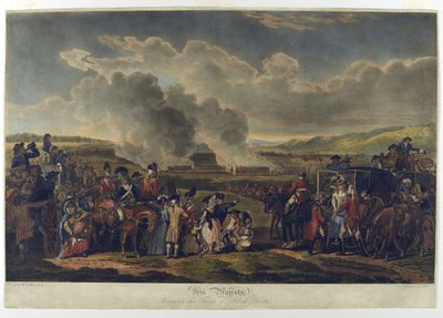 Sua Majestade Revendo Tropas em Blackheath, 1787, gravada por R. Pollard, imprimiu 1797 (aquatint gravado) de W.H. Mason
