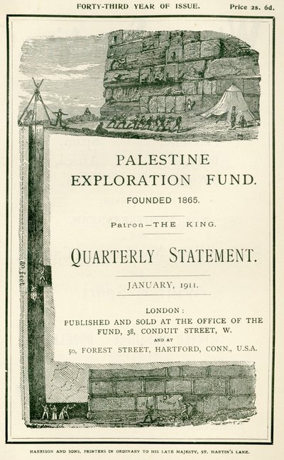 Frontispício representando as explorações realizadas pelo tenente Charles Warren e seus homens, perto da parede sul do Haram al Sharif, Jerusalém, da declaração trimestral da Exp Palestina de W.H. Simpson