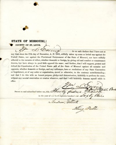 Juramento de lealdade de Wm. L. Ewing do Missouri, Condado de St. Louis de W.L. Ewing