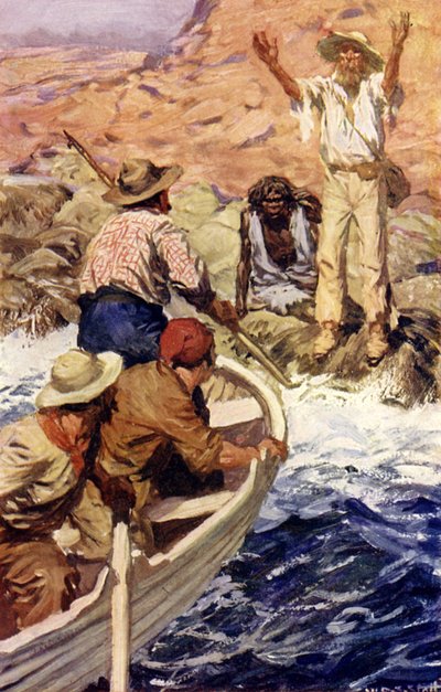 Edward Eyre resgatado por baleeiros franceses (lito colorido) de W.R.S. (after) Stott