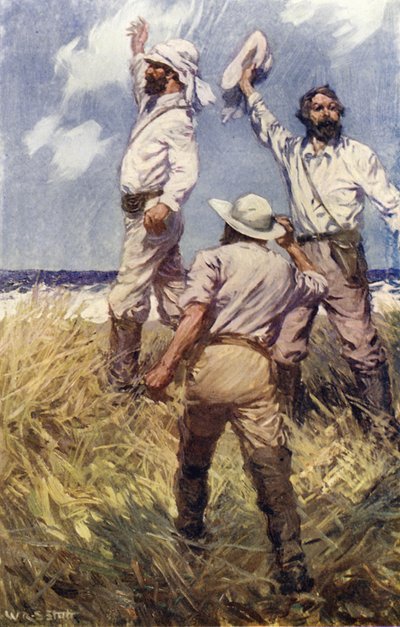 John McDouall Stuart atinge o Oceano Índico (lito a cores) de W.R.S. (after) Stott