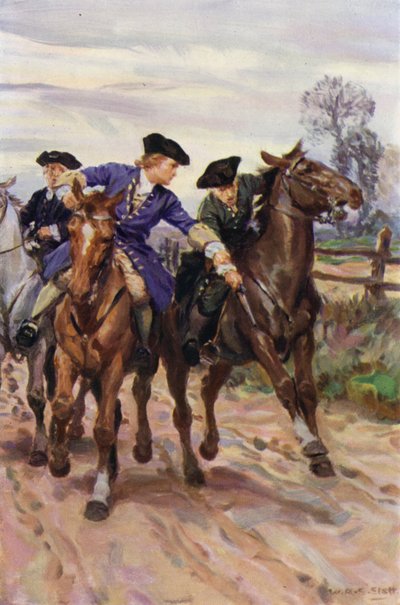 "Jones instantaneamente agarrado à mão do companheiro" (cor litho) de W.R.S. (after) Stott