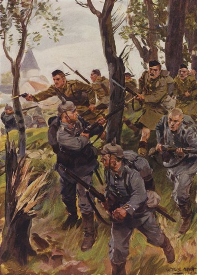 Os Seaforth Highlanders derrotam o inimigo (lito colorido) de W.R.S. (after) Stott
