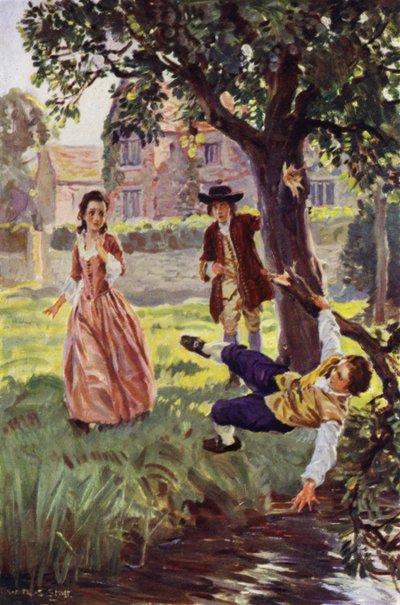 "O pobre rapaz caiu de cabeça e orelhas na água" (lito colorido) de W.R.S. (after) Stott