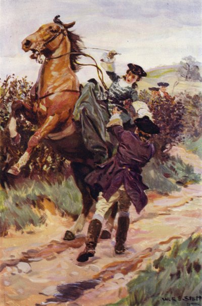 "A besta indisciplinada atirou o seu belo fardo das costas, e Jones apanhou-a nos seus braços" (cor litho) de W.R.S. (after) Stott