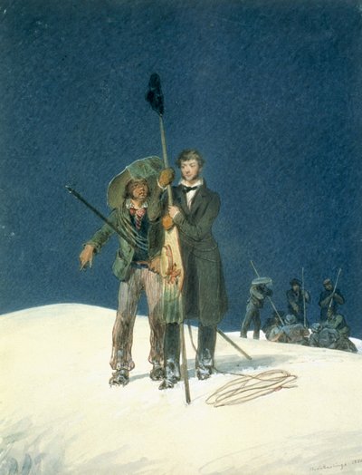 Charles Fellows com William Hawes, planta um bastão na cimeira, incluído como uma inserção em uma narrativa de uma ascensão à cimeira de Mont Blanc por Charles Fellows (1799-1860), publicada 1827 (wc no pa de W.S. Hastings