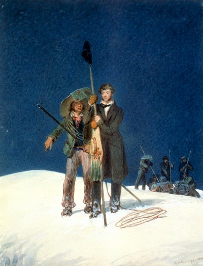 Charles Fellows com William Hawes, planta um bastão no cume do Mont Blanc, 1827 de WS Hastings
