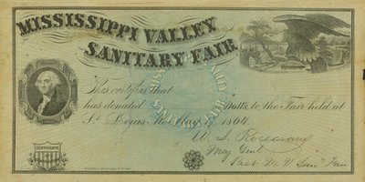 Certificado em branco ilustrado de contribuição para doações feitas na Feira Sanitária do Mississippi Valley, 7 de maio de 1864 de W. A. Rosecrans