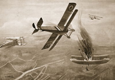 Batalha aérea do capitão Hawker com três aviões alemães de W. Avis