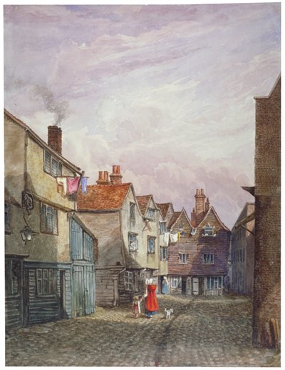 Vista de uma mulher e uma criança caminhando pela Crown Court, Bermondsey, Londres, c1825 de W Barker