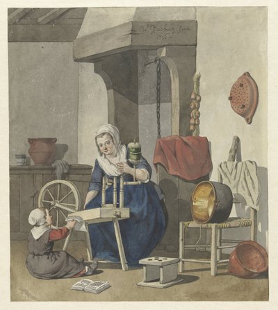 Interior com uma mulher a rodar com uma criança de W. Barthautz