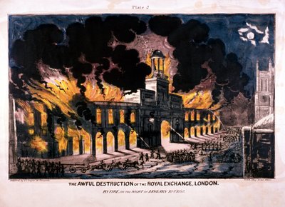 A terrível destruição do Royal Exchange 2º incêndio, Londres, 1838 de W Clerk