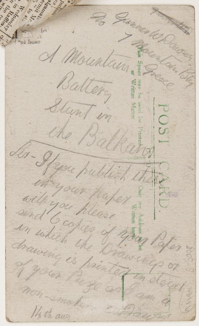 Postal para o editor do Liverpool Weekly Courier, 14 de agosto de 1918 (lápis em cartão postal) de W. Dawson