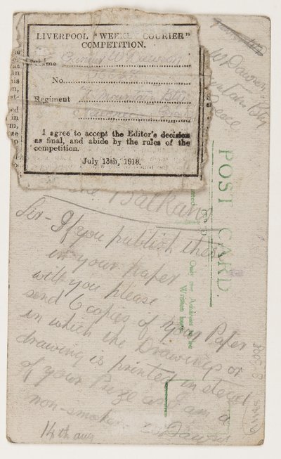 Postal para o editor do Liverpool Weekly Courier, 14 de agosto de 1918 (lápis em cartão postal) de W. Dawson