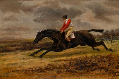 Um cavalo a galope com jóquei para cima, vestindo as cores de corrida de Bradford, c.1839-98 (óleo sobre tela) de W. F. Adye