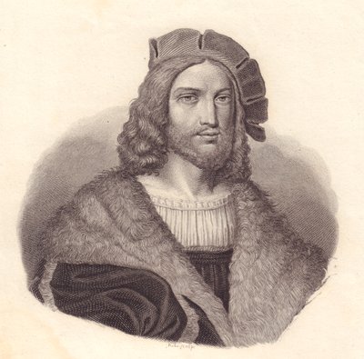 Retrato do poeta italiano Antonio Tebaldeo (1463-1537), gravura em cobre de pintura de Rafael de John Ward Dunsmore