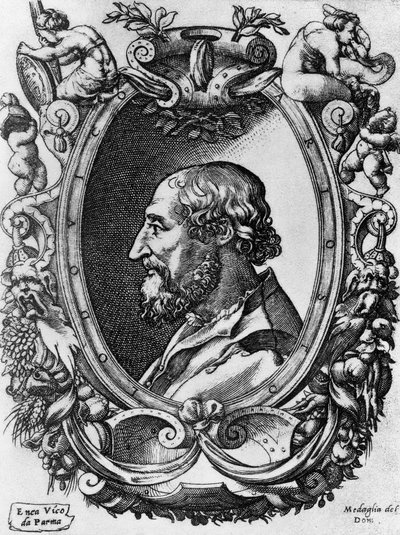 Retrato de Ludovico Ariosto (1474-1533), poeta e dramaturgo italiano, Medaglie del Doni, gravura de Enea Vico (1523-1567) de John Ward Dunsmore