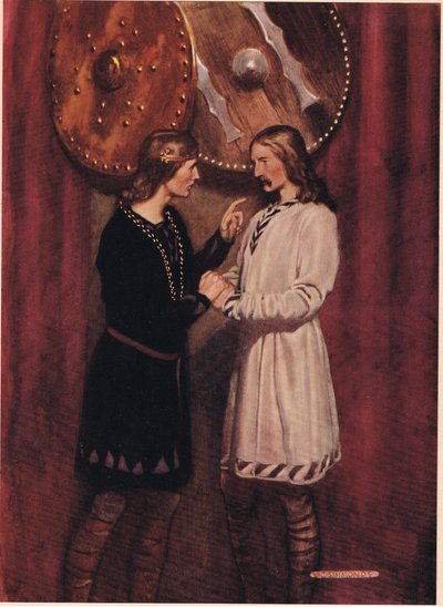 Hamlet fala com Horatio, de &39;Hamlet&39; de William Shakespeare, edição publicada por Hodder und Stoughton em 1915 de W. G. Simmonds