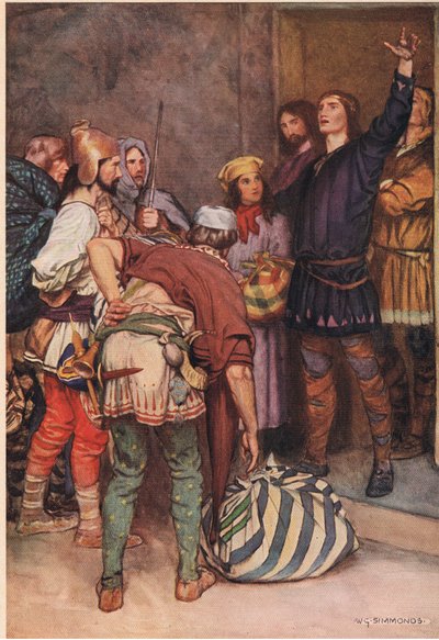 Hamlet dá as boas vindas aos jogadores que viajam para Elsinore, de &39;Hamlet&39;, de William Shakespeare, edição publicada por Hodder und Stoughton em 1915 de W. G. Simmonds