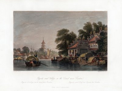 Pagode e vila, no canal perto de Canton, China, c1840. de W. H. Capone