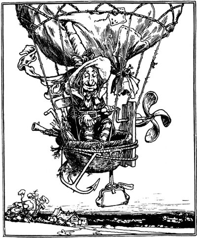 Ilustração do livro infantil As aventuras do tio Lubin, 1902. de William Heath Robinson