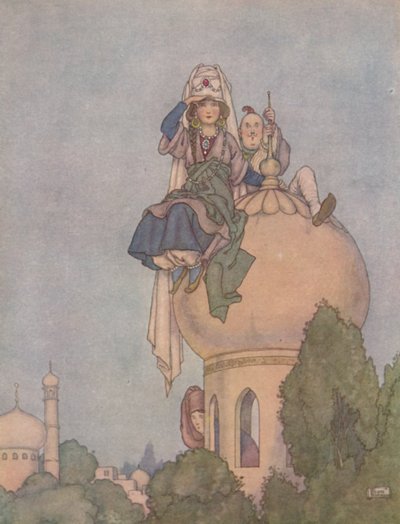 Ela sentou-se o dia inteiro ao vivo no telhado de seu palácio, esperando por ele, c1930 de William Heath Robinson