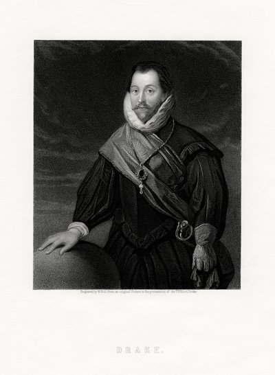 Sir Francis Drake, corsário inglês, navegador, pioneiro naval, político, século XIX de W. Holl