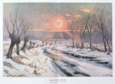 Eclipse anular do sol, ilustração de &39;L&39;Univers et l&39;Humanite&39; por H. Kraemer de W. Kranz