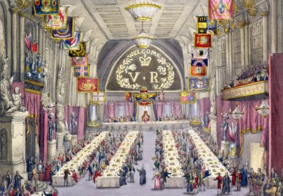 O Crier comum proclamando o brinde de saúde para a Rainha Vitória em um banquete realizado no Guildhall, 1837 de W. Lake