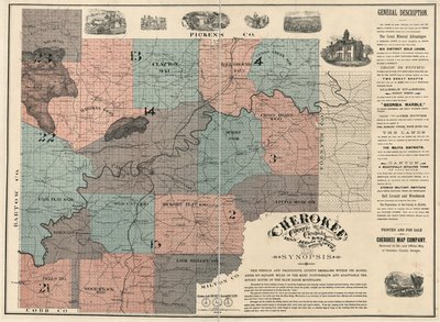Inglês:  Mostra os números dos lotes/blocos e os nomes dos residentes. Endossado como o único mapa oficial do condado de Cherokee. Duas folhas unidas para formar uma, montadas em tecido. LC Mapas de propriedade de terras, 87 Inclui texto e imagens. Disponí de W. P. Bullock