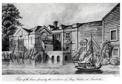Vista da casa anteriormente a residência de Guy Fawkes em Lambeth, c.1850 (aquatint) de W. Read