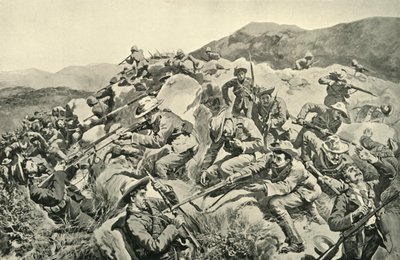 "Com o General French. "New Zealanders Saving a Picket of the Yorkshire Regiment", 1900. de W Small