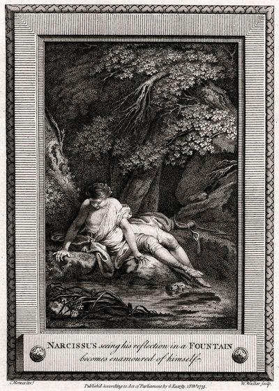 Narciso, vendo seu reflexo em uma fonte, torna-se encantado de si mesmo, 1775 de W. Walker