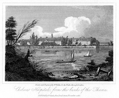 Hospital de Chelsea, dos bancos do Tamisa, Londres, 1816. de W. Wallis