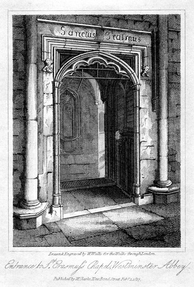 Entrada para a Capela de São Erasmuss, Abadia de Westminster, Londres, 1817. de W. Wallis