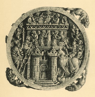 Caixa de espelho de marfim que descreve o assalto ao castelo do amor, início do século XIV, 1881. de W. Wise