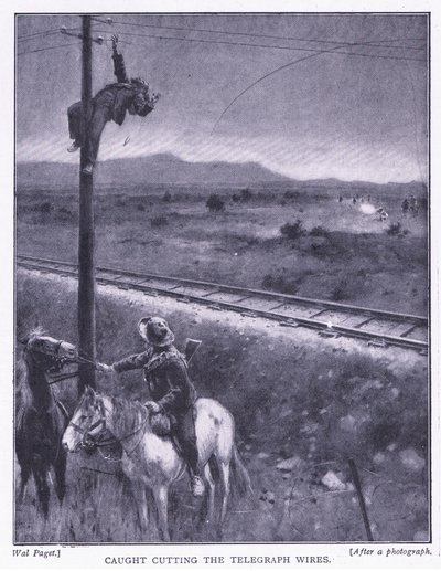 Pego cortando os fios, ilustração de After Pretoria: The Guerilla War, 1902 de Wal Paget