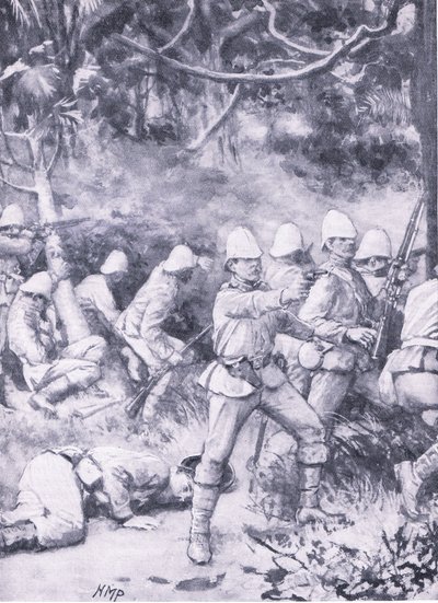 Combatendo uma estrada através da floresta a caminho de Coomassie, ilustração de "British Battles on Land and Sea". de Wal Paget
