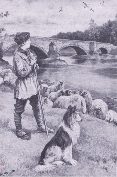 A visão da velha Ponte Romana em Musselburgh desperta a imaginação de John Rennie, o pastor, de My Magazine, pub.1922 (litho) de Wal Paget