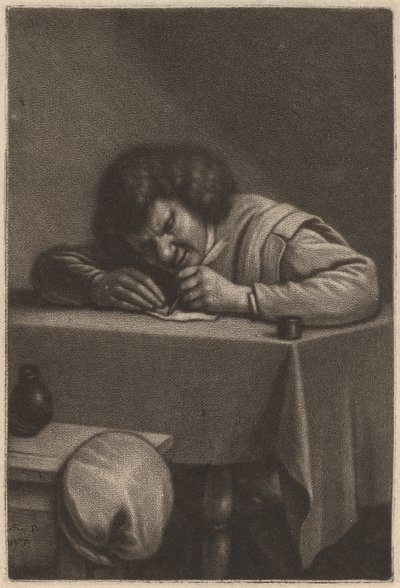 Um homem escrevendo em uma mesa de Wallerant Vaillant after Adriaen Brouwer
