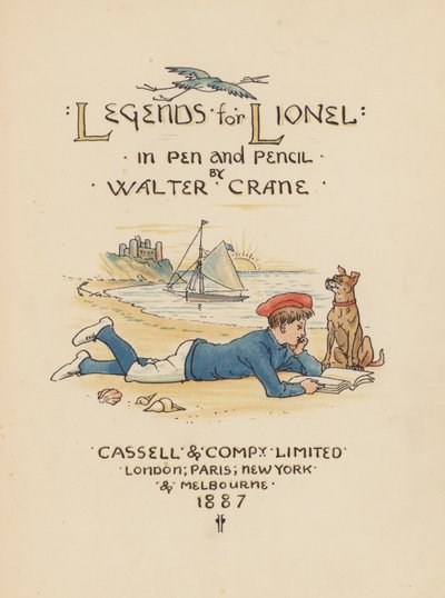 Ilustração da página de rosto de "Legends for Lionel" de Walter Crane (litografia a cores) de Walter (after) Crane