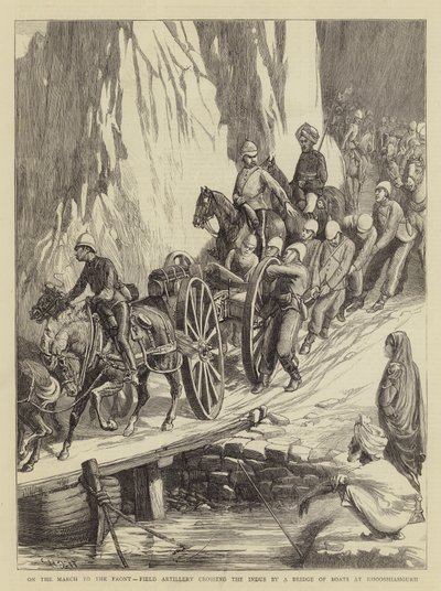 Na Marcha à Frente, Artilharia de Campanha cruzando o Indo por uma Ponte de Barcos em Khooshiahgurh de Walter Charles Horsley