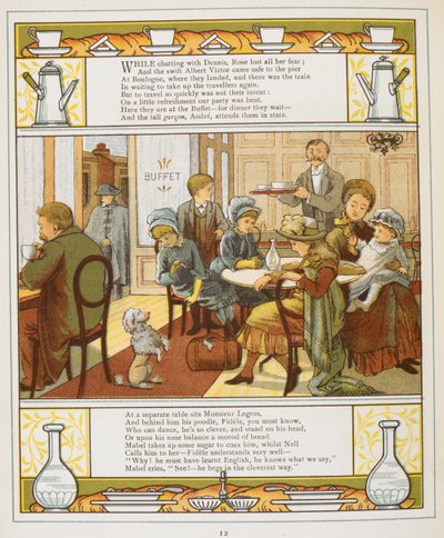 Uma família a tomar um refresco num buffet. Ilustração a cores de 