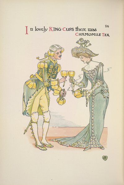 Um homem e uma mulher segurando chávenas de chá de camomila de Walter Crane