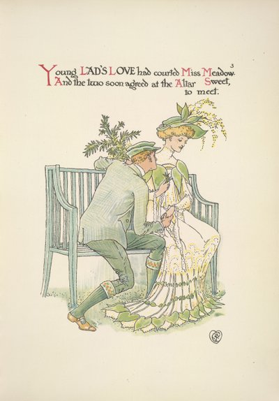 Um jovem a cortejar uma jovem mulher, Miss Meadow de Walter Crane