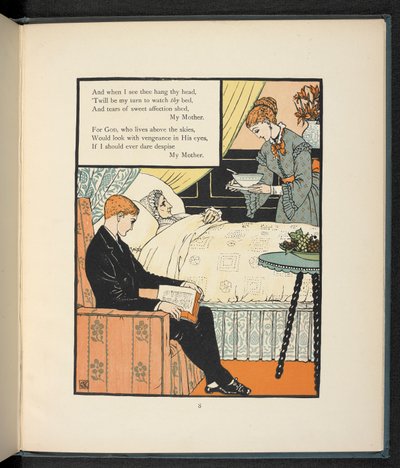 Um jovem sentado à sua mãe, que está na cama, a ser alimentado com alguma sopa. de Walter Crane