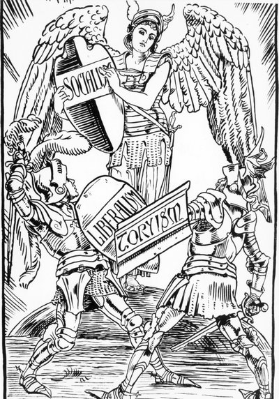 Alegoria de Walter Crane: O socialismo triunfa duramente a luta entre o liberalismo e o Torysm (Partido Conservador Inglês). Gravura do final do século XIX. de Walter Crane